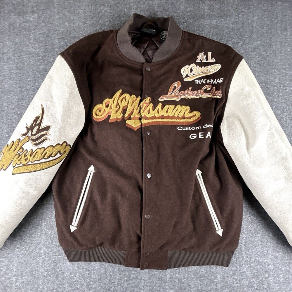 AL WISSAM Varsity Bomber Jacket Mens Sz XL Brown Wool Leather Logo 90s Vintage